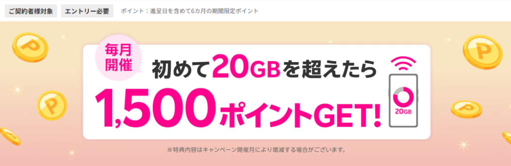 楽天モバイル20GBを超えるデータ利用で1,500ポイント
