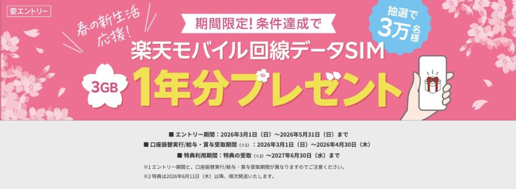 期間限定!抽選で楽天モバイル回線データSIM 1年間無料が当たる