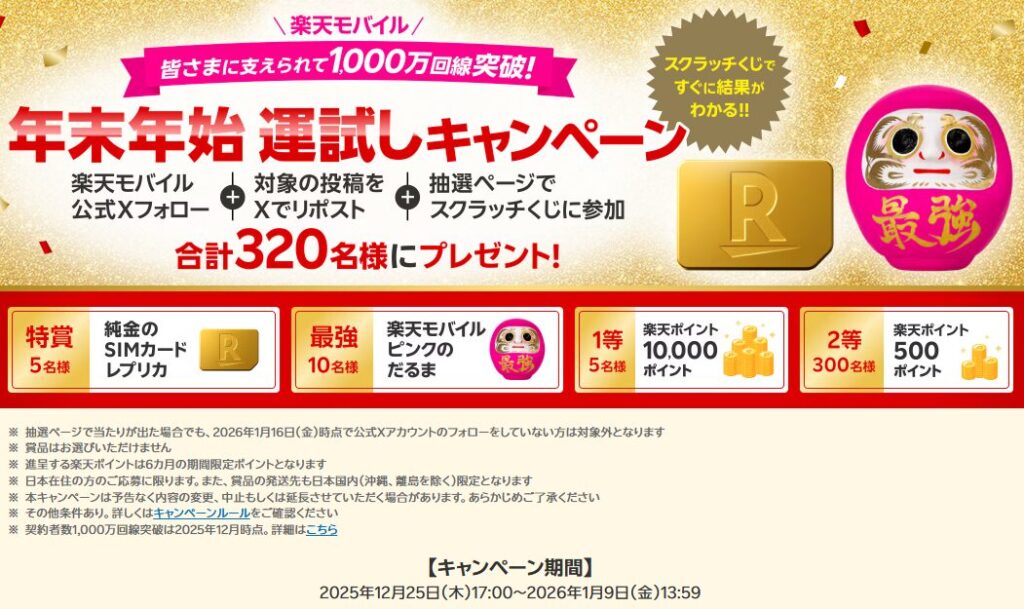 皆さまに支えられて1,000万回線突破 ！ 年末年始 運試しキャンペーン​