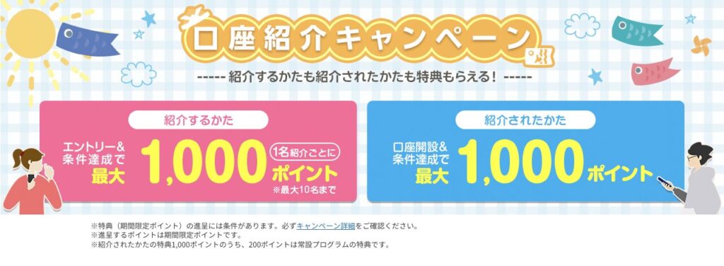 楽天銀行の5月友達紹介キャンペーンで、紹介者・被紹介者ともに最大1,000ポイントがもらえる特典を案内する画像。