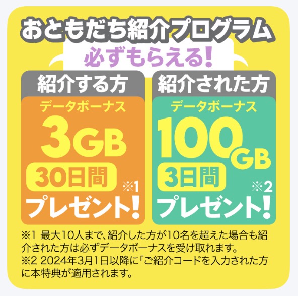 povo　お友達紹介プログラム
紹介する方データボーナス3GB 紹介された方データボーナス100GBプレゼント