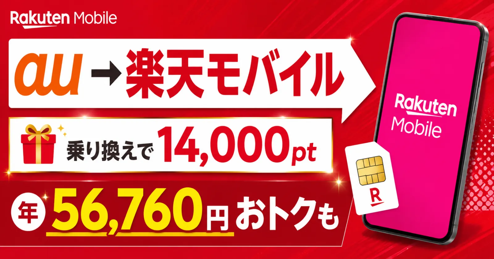 auから楽天モバイル乗り換えで最大14000pt