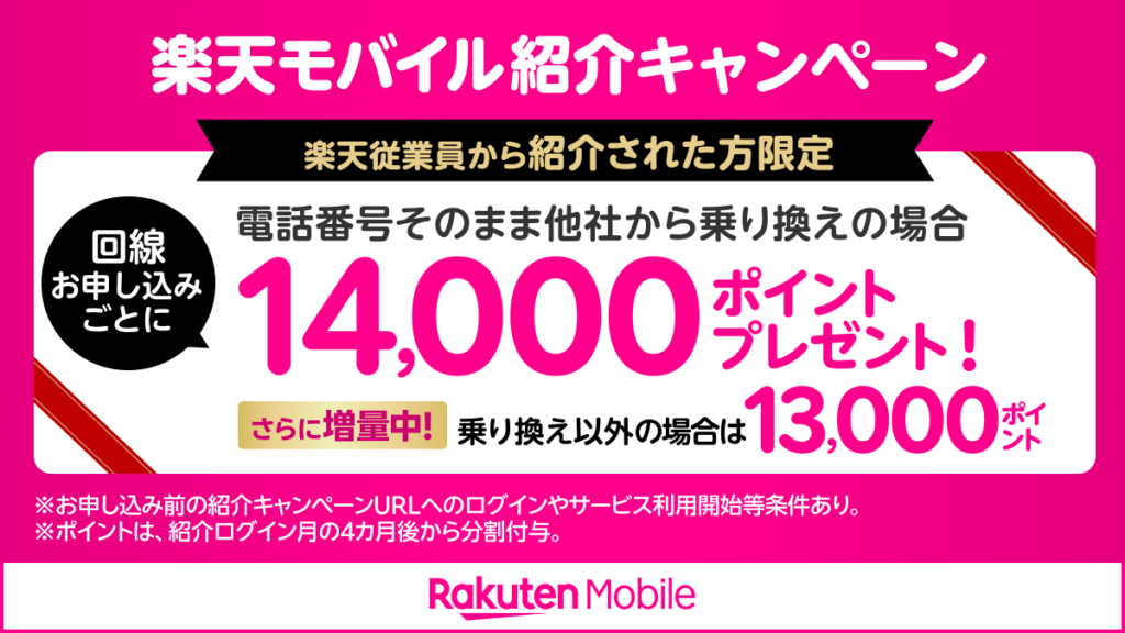 楽天モバイル従業員紹介キャンペーン 13000ポイントに増量
