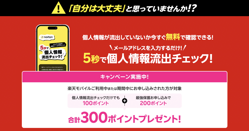 個人情報流出チェック。エントリーで合計300ポイントプレゼント