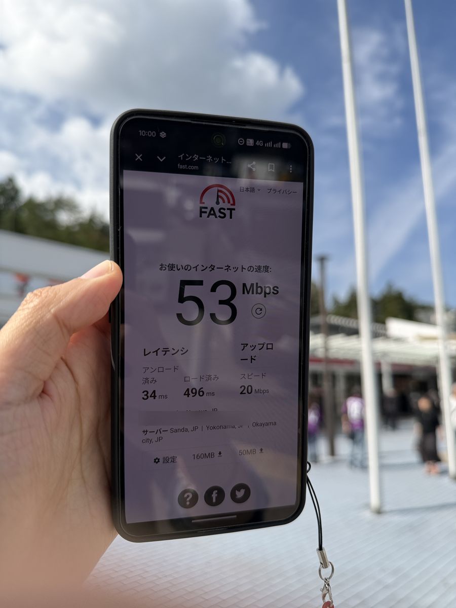 小谷SAで楽天モバイルの通信速度を測定した結果(下り53Mbps)