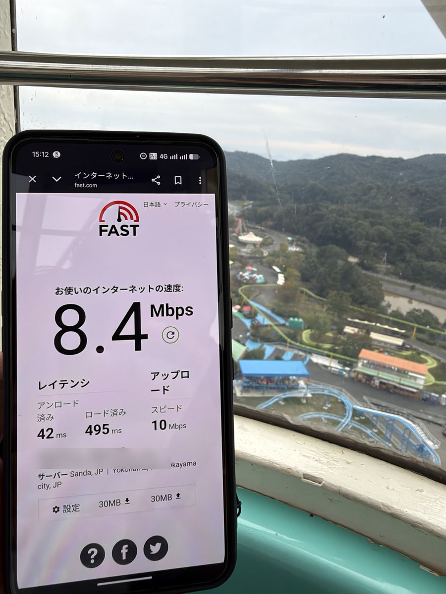 おもちゃ王国の観覧車の上で楽天モバイルの通信速度を測定した結果（下り8.4Mbps）
